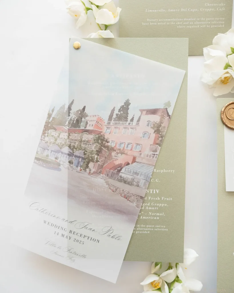 Cartalia_BESPOKE_wedding_menu_vellum_wax_seal_white_lettering_custom_plaque-VillaleFontanelle